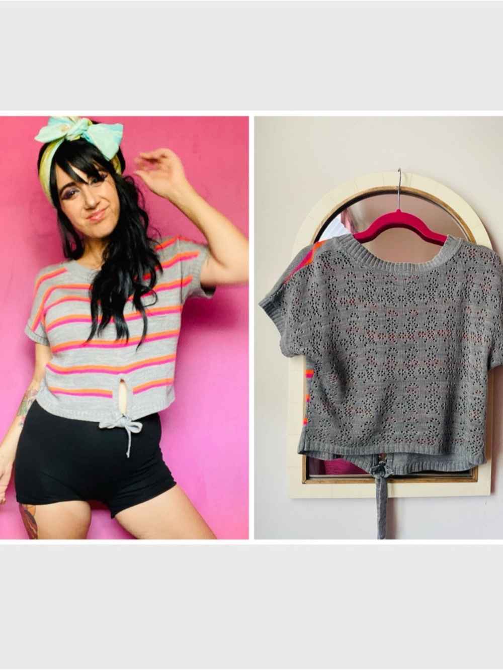 Vintage 80s Gray Knit Crop Top with Pink & Orange Stripes & Pointelle Back